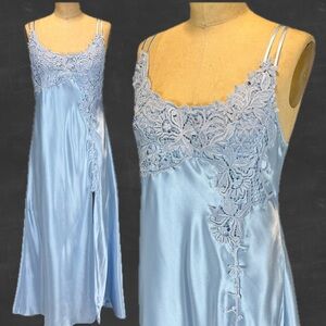 VINTAGE embroidered floral long maxi silky nightgown slip dress